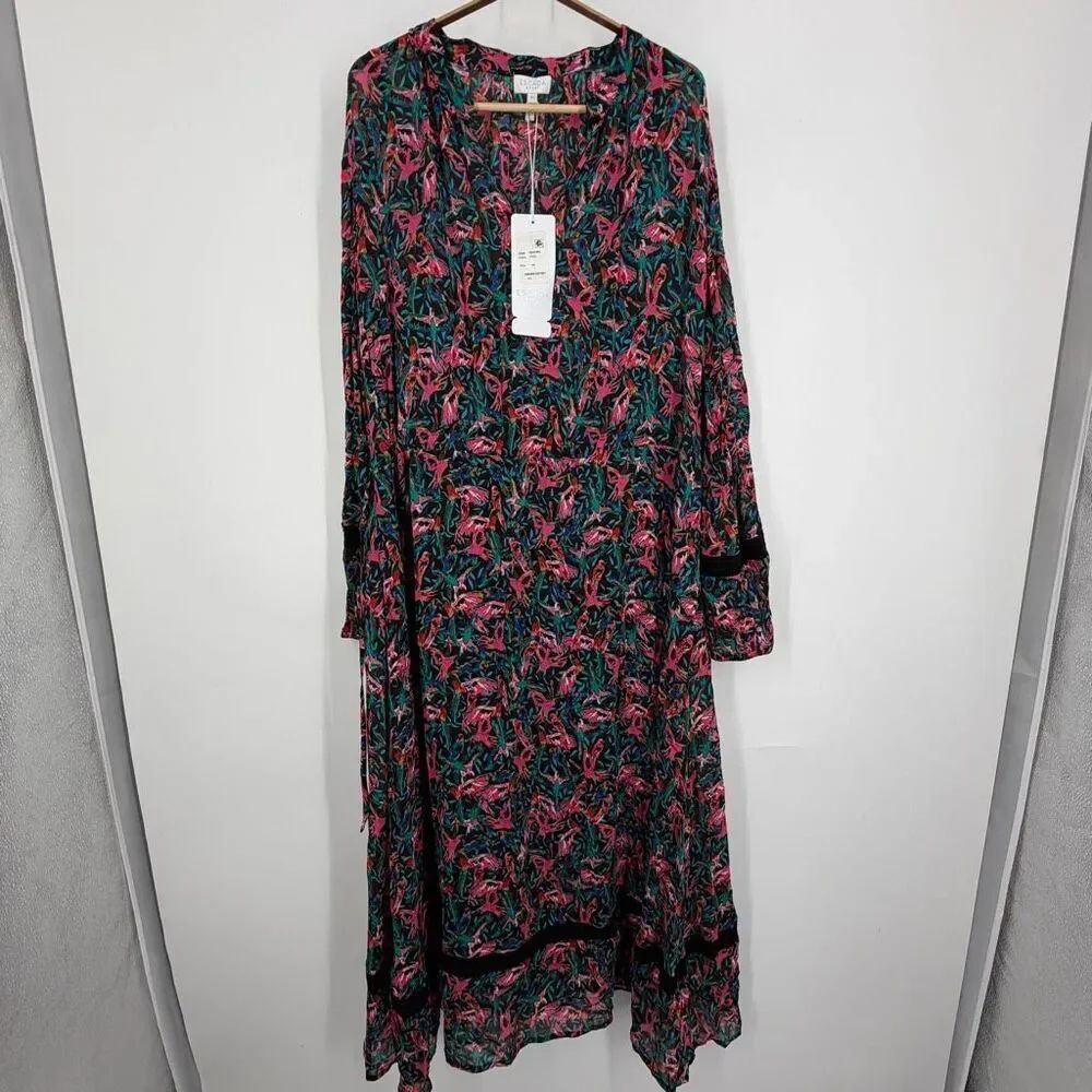 Escada Fantasy Bird Print Lace Trim Long Sleeve Maxi Dress Size 44 NWT